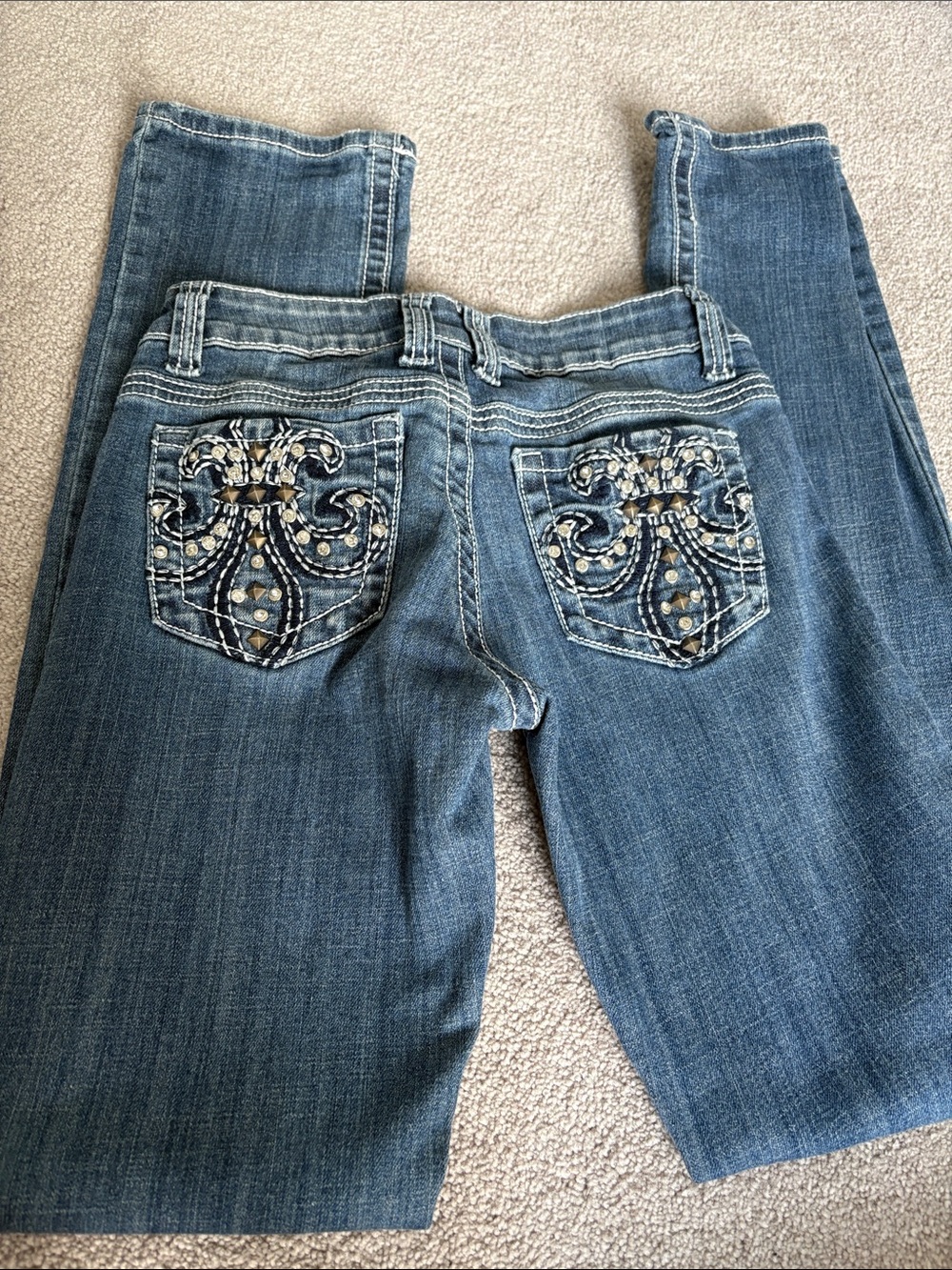 Women's Blue Jeans with Embroidered and Studded Back Pockets